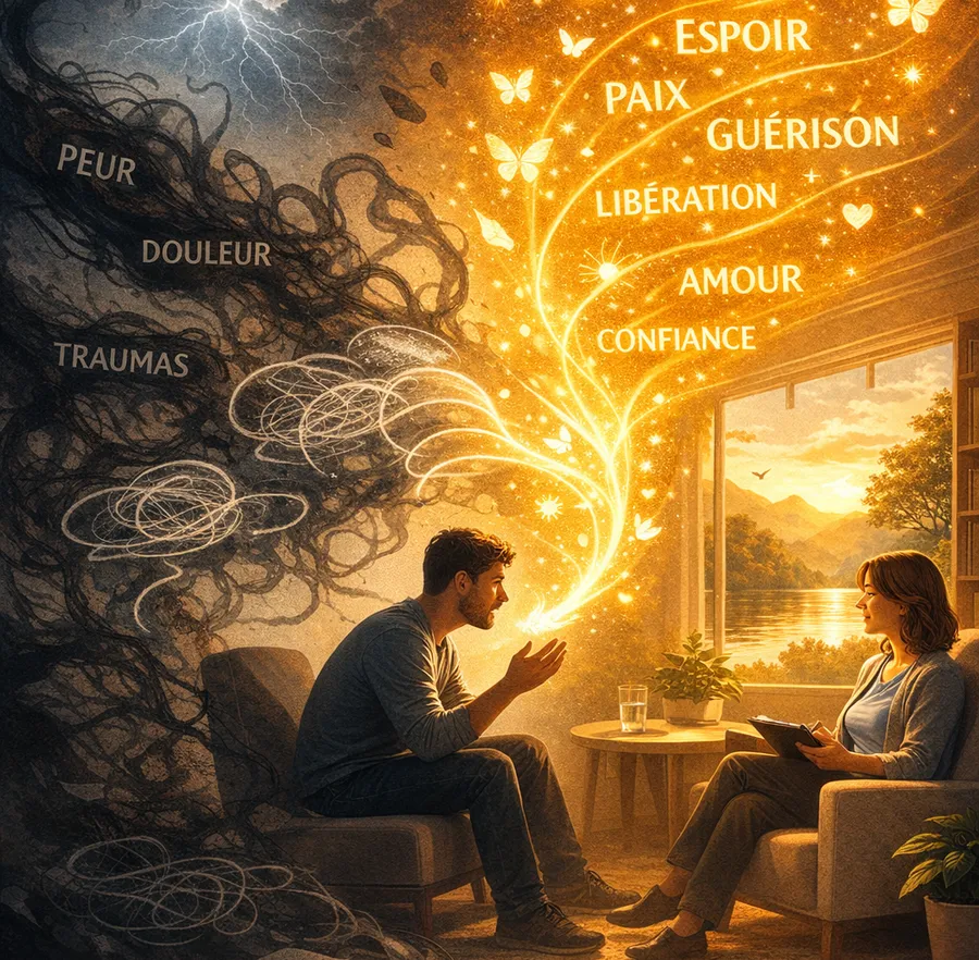 Illustration de la guérison à travers les mots, au cœur de la thérapie par la parole.
